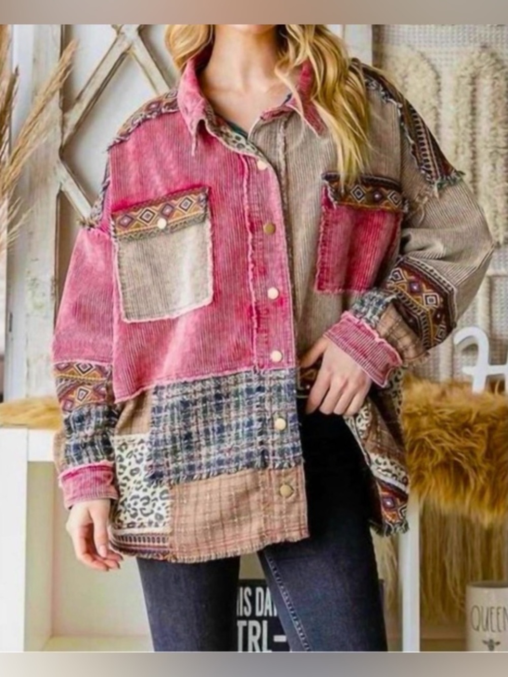 Oli & Hali Pink Corduroy Trim Patchwork Jacket